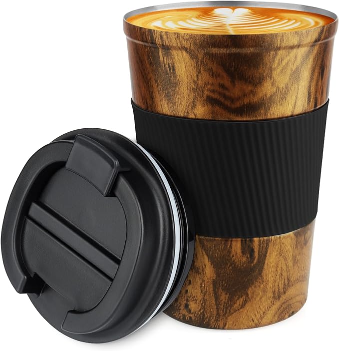 CS COSDDI 12 oz Stainless Steel Vacuum Insulated Tumbler - Coffee Travel Mug Spill Proof with Lid - coffee Cup for Keep Hot/Ice Coffee,Tea and Beer (D-wood grain)