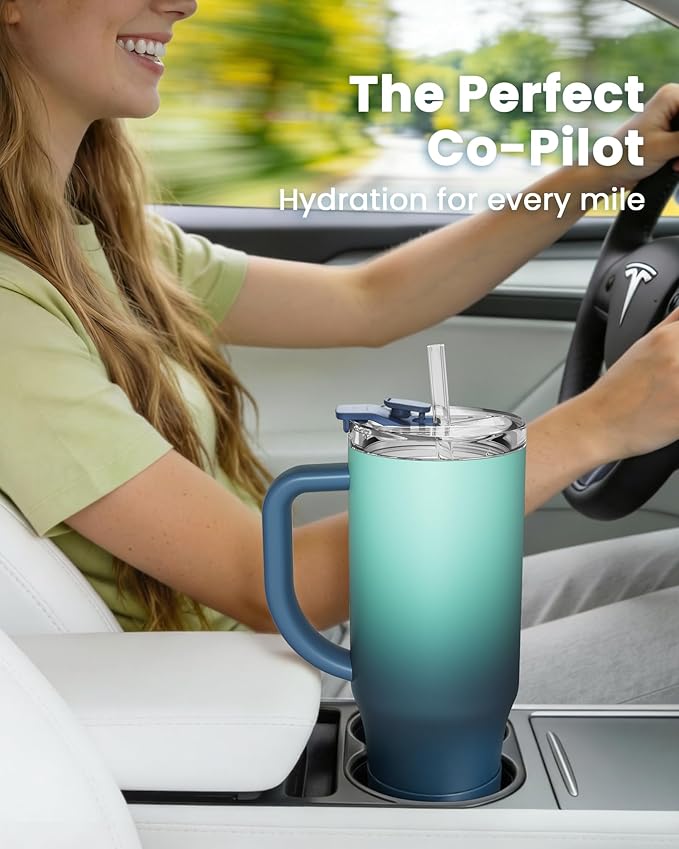 Renoj Insulated Mug 100% Leak Proof Insulated Water Bottle for Iced Coffee & Hot Drinks - Fits Car Cup Holder, Ideal Gift, 2 Straws & Silicone Boot - SnapShift Blue 40 oz