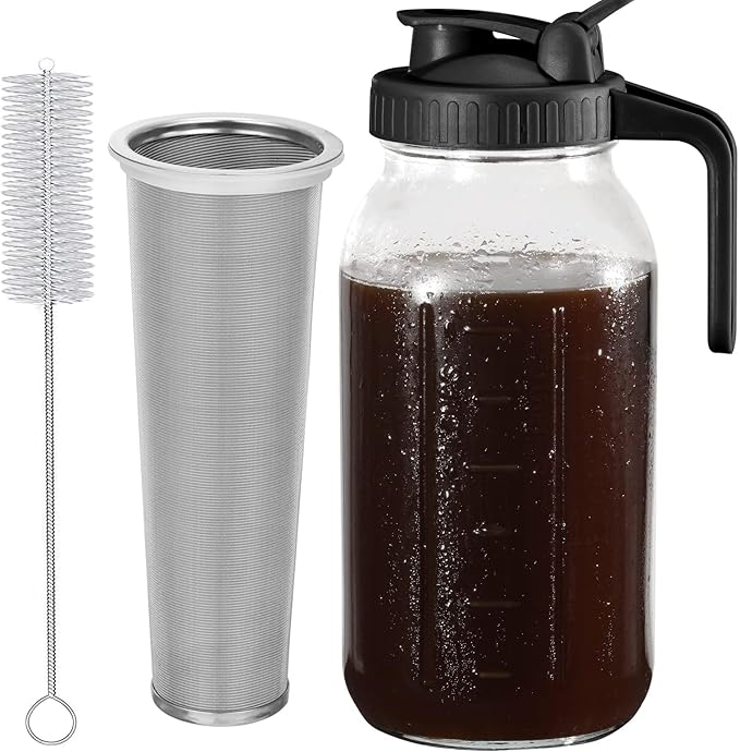 Glyntrof Cold Brew Coffee Maker Pitcher, Black 64 Oz Heavy Duty Wide Mouth Glass Mason Jar pour spout Lid with Stainless Steel Filter for Iced Coffee, Ice Drinks