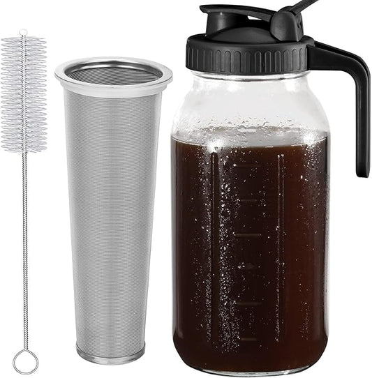 Glyntrof Cold Brew Coffee Maker Pitcher, Black 64 Oz Heavy Duty Wide Mouth Glass Mason Jar pour spout Lid with Stainless Steel Filter for Iced Coffee, Ice Drinks