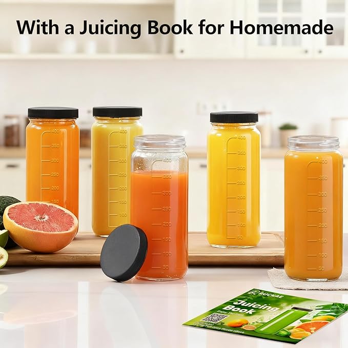 Ruckae 16oz 12 Pack Juice Bottles, Glass Bottles Juicing with Lids, Smoothie Cup Lids and Straws, Water Bottle Mason Jar Drinking Glasses for Juicing, Smoothies, Kombucha