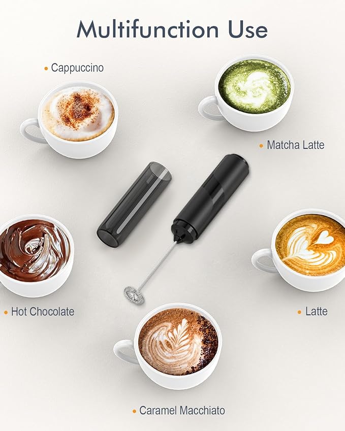 Milk Frother with Cover, Battery Operated Electric Frother, Whisk, Drink Mixer & Foamer for Coffee, Latte, Matcha, hot Chocolate