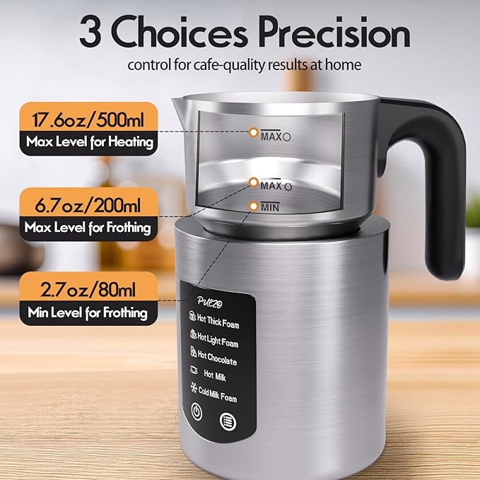 PULZO 5 IN 1 Milk Frother and Steamer, Electric Frother with Detachable Stainless Steel Jug, 17 OZ Hot & Cold Foam Maker for Coffee, Latte, Cappuccino, Hot Chocolate, Silent Operation, BPA