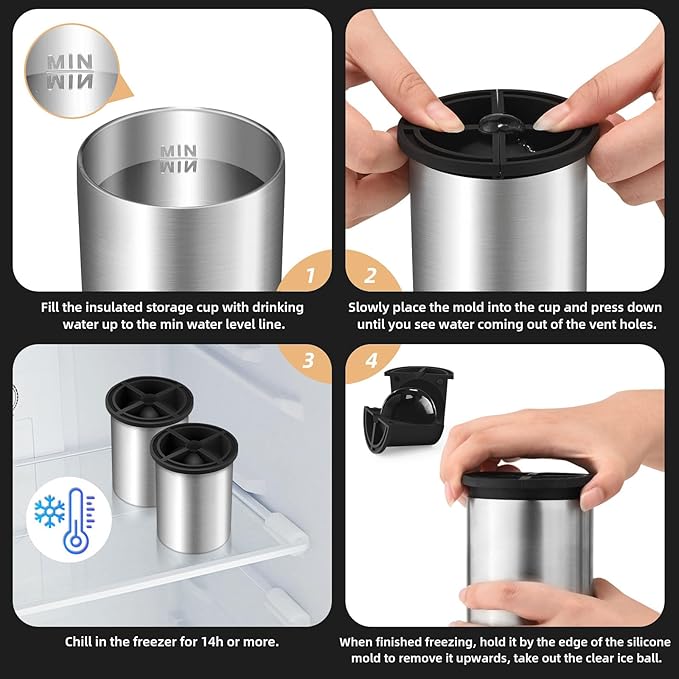 Clear Ice Cube Maker, 2.5 Inch Stainless Steel Crystal Large Clear Ice Ball Maker, Silicone Ice Cube Mold for Cocktails, Drinks & Bourbon, Whiskey Gifts for Men, Metal Color