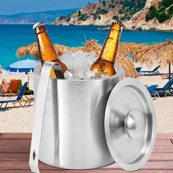 1.3L Stainless Steel Ice Bucket with Lid and Tongs, Small Double Wall Ice Pail Chill Container for Cocktails, Beer, Wine, Champagne, Keep Drinks Frozen Longer at Home, Bars, Parties, Outdoor