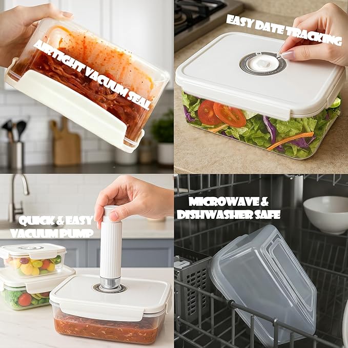 VICARKO 3-Piece Stackable Vacuum Food Storage Containers Set with Hand Pump, 17 oz/ 34 oz/ 68 oz, White, BPA-Free, Airtight, Leakproof, Date Tracker