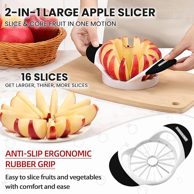 SCHVUBENR 16-Blade Apple Slicer and Corer - 4.72 Inch Sharp Stainless Steel Apple Cutter - Professional Apple Divider Tool for Quick Slices - Easy to Use & Clean - Slice Fruits with Ease - Black