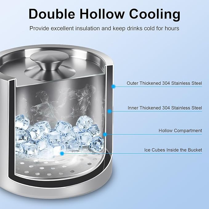 Ice Bucket with Lid, Scoop, Tongs and Strainer - Well Made Insulated Stainless Steel Keep Ice Frozen Longer - Ideal for Cocktail Bar, Parties, Chilling Wine, Champagne - 3 Liter (Stainless Steel)