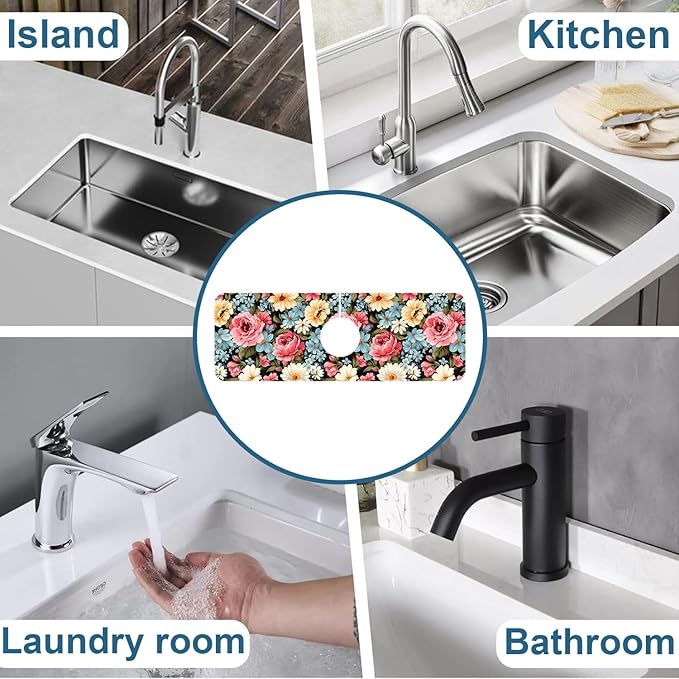 Colorful Flowers Sink Splash Guard Vintage Floral Faucet Absorbing Mat Fast Drying Mat Sink Gadgets Splash Guard Behind Faucet Drip Catcher for Kitchen Bathroom, 15.5"x5.5"
