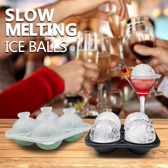 Soccer Ice Cube Mold, Football Shapes Ice Cube Tray, Silicone Sphere Ice Mold Chocolate Mold with Clear Funnel-type Lid, Make 4 Large Ice Balls for Chilling Whiskey Cocktails Drinks, Green