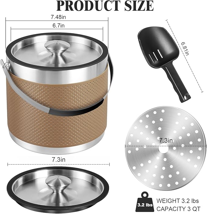 3Quart/3.2L Insulated Ice Bucket with Lid, Scoop, Leather Design Double Wall Stainless Steel Ice Bucket for Cocktail Bar, Parties (Brown)