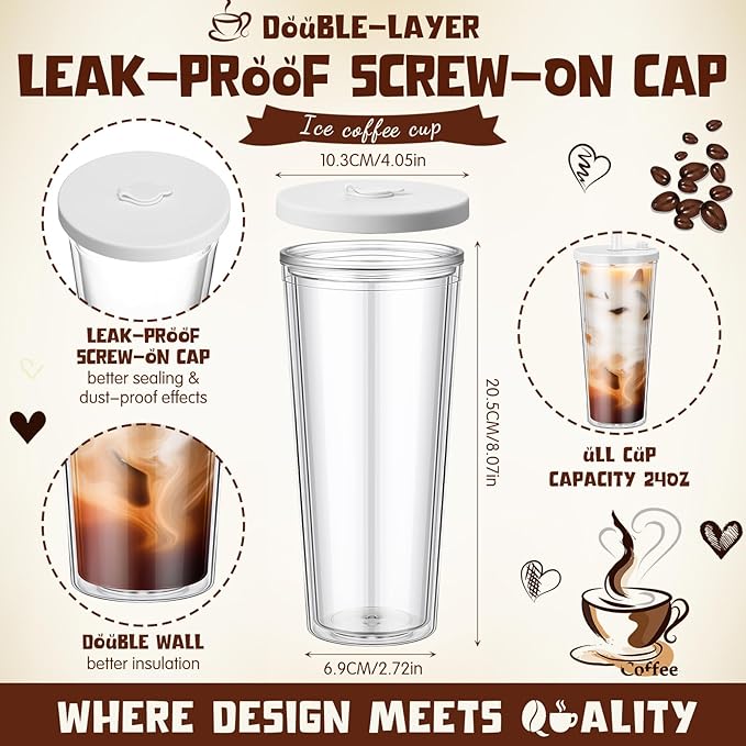 Honeydak 4 Pack 24 oz Reusable Iced Coffee Cups with Lids and Straws Leakproof Double Wall Insulated Clear Plastic Iced Coffee Tumblers with Straw Brushes