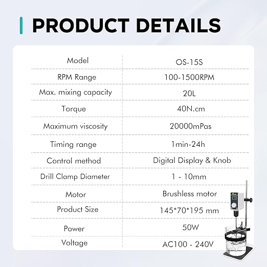 LAB FISH Overhead Stirrer Lab Stirrer | Stirring Rod and Stainless Steel Stand | Mixer Adjustable Speed 100-1500RPM Capacity 20L 20000 mPas Timing 1min-24h AC 100-240V 50W
