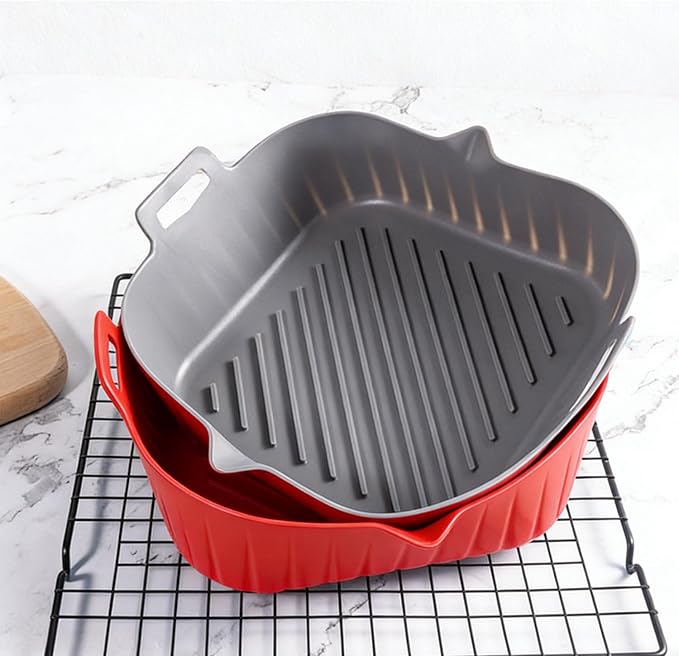 2 Pack Air Fryer Liners,8.2 Inch Silicone Airfryer Liners,Air Fryer Accessories,Reusable Baking Tray Oven Accessories,Replacement of Flammable Parchment Paper,Thickened(RED&GREY)