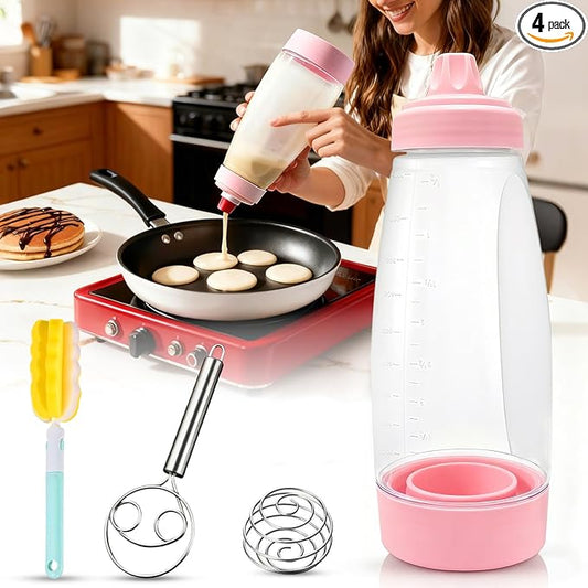 Pancake Batter Dispenser Bottle Kit - 4.5-Cup Pancakes Mixer with Shaker Ball Stainless Steel Whisk and Brush,Squeeze Tool for Pink Kitchen Accessories Gifts