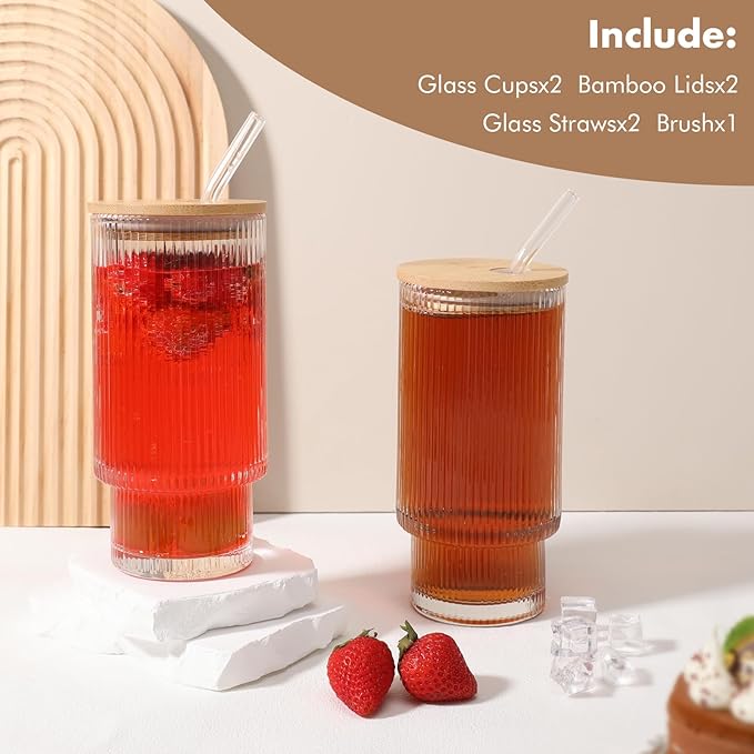 Glass Cups with Bamboo Lids and Straws - 16 oz Reusable Iced Coffee Cups, Vintage Ribbed Drinking Glasses, To Go Tumbler for Juice, Beer, Coffee, Milk, Cocktail, Water (2 Pack)