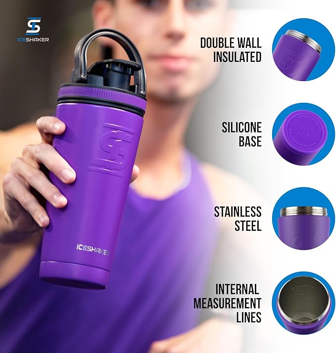 Ice Shaker Insulated Stainless Steel Shaker Bottle | 26oz, Purple | Cold for 30+ Hours | Insulated Cup with Twist-on Agitator | Odor-Free Bottle for Protein Shakes, Water, Smoothies, Cocktails