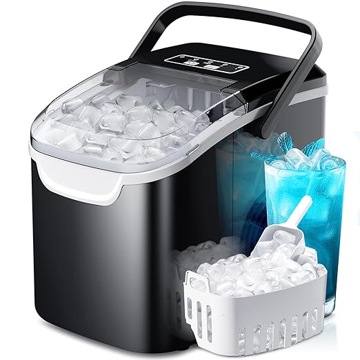 Crzoe Ice Makers Countertop with Handle, 2 Sizes of Ice, 8 Bullet Ice Cubes in 6 Mins, 26Lbs/24H, Portable Ice Maker with Self-Cleaning, Ice Machine for Home&Kitchen&Office&Party (Black)