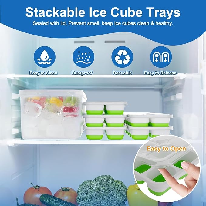 Ice Cube Trays for Freezer with Lids, 4 Pack 56-Cube Stackable Ice Trays, Easy-Release Silicone Bottom & PP Frame, BPA-Free, Dishwasher Safe, Covered Ice Molds for Iced Coffee, Cocktails & Baby Food