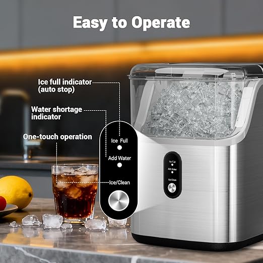 Nugget Ice Maker Countertop, 40lbs/Day Stainless Steel Small Soft Chewable Pebble Ice Machine, Pellet Ice Crunchy Nuggets, Quiet Mini Chewy Ice Maker Self Cleaning for Home Kitchen Office