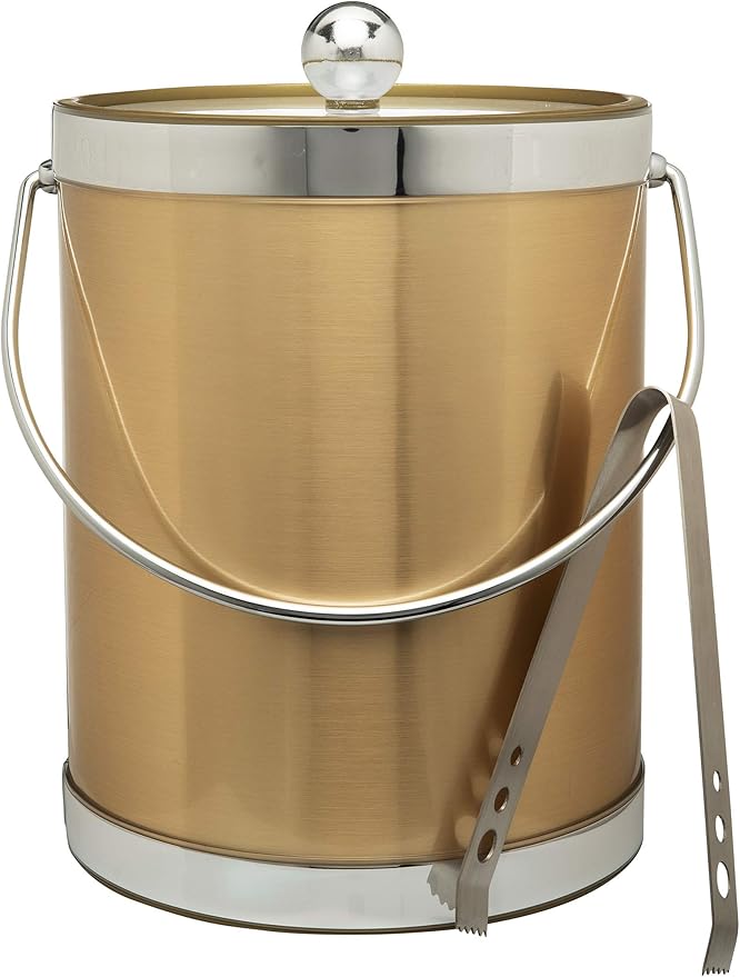Made In USA Metallic Deco Collection Double Walled Insulated Ice Bucket With Ice Tongs (5-Quart, Gold & Silver)