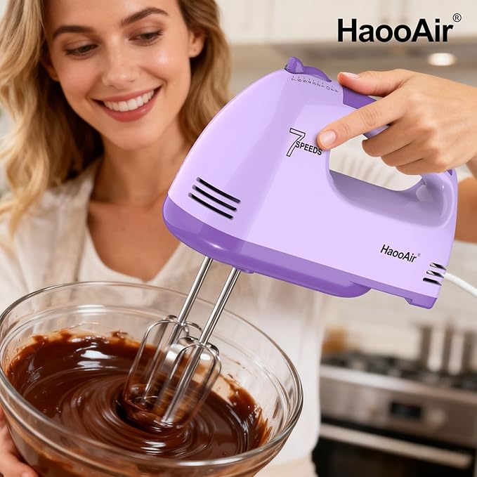 Electric Handheld Mixer, 7-Speed Adjustable Kitchen Mixer, 5 Stainless Steel Accessories (2 * Dough Hooks, 2 * Beaters, 1 * Whisk), Perfect for Kitchen and Baking Food Mixers, Purple