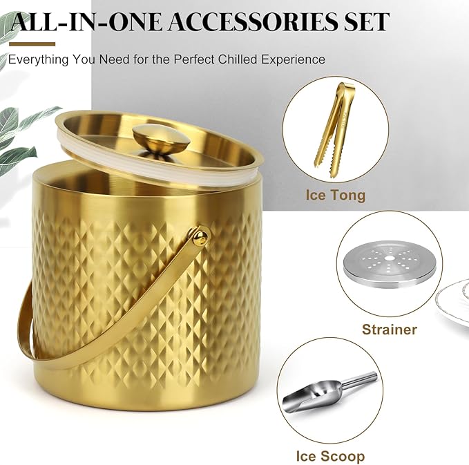 Gold Ice Bucket with Lid, Handle and Tong Insulated 3L Double Wall Stainless Steel Champagne Bucket with Silicone Sealing Ring, Scoop & Strainer, Metal Ice Bucket for Bar, Party, Home Entertaining