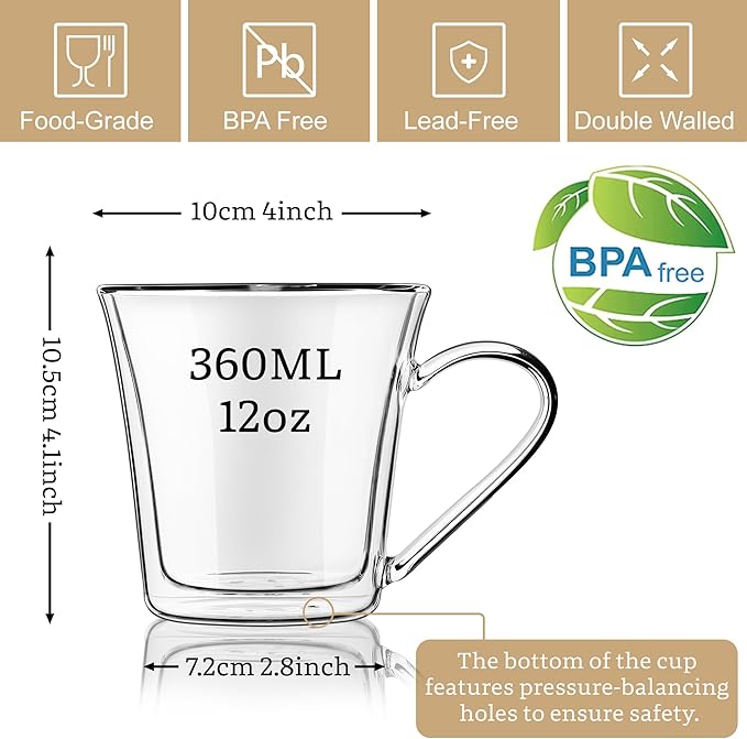 Joeyan 12oz Double Walled Glass Coffee Mugs, Clear Insulated Glass Coffee Cups with Curved Handle, Wide Mouth Latte Cappuccino Espresso Mugs for Hot/Cold Drinks, Iced Coffee, Tea, Cocktails, Set of 2