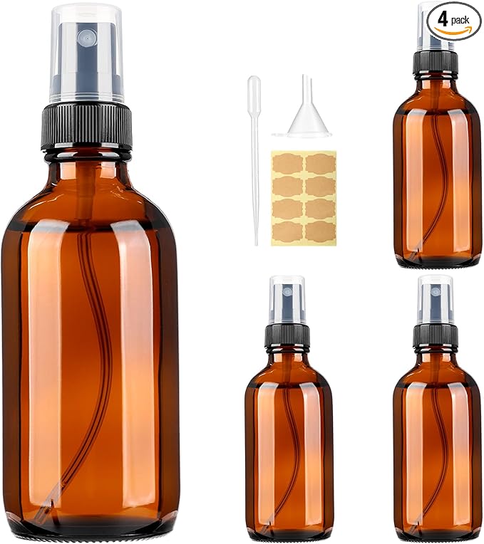 Vitreaux 4oz Amber Glass Spray Bottles Mist Sprayer Set of 4,Empty Small Spray Bottle Fine Mist Spray Refillable Containers,Mini Travel Bottle Spray Bottle Make Perfect Oil,Perfume,Body Sprays