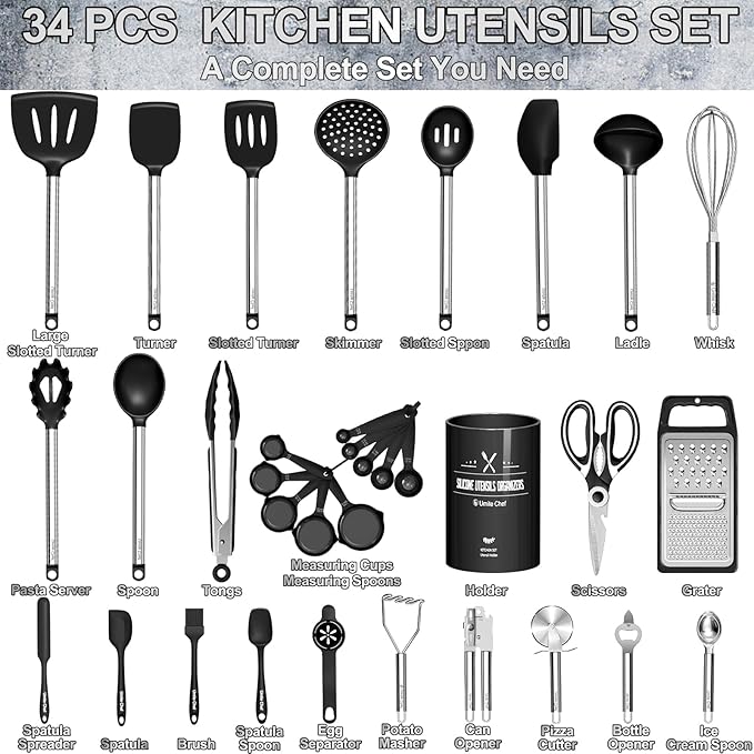 Kitchen Utensils Set-Umite Chef 34 Pcs Silicone Cooking Utensils Set for Nonstick Cookware-Silicone Spatulas Set, Stainless Steel Handle-Black Kitchen Gadgets Tools, Pots and Pans Accessories