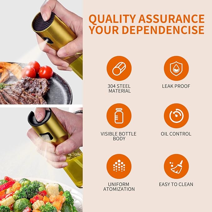 Glass Oil Sprayer Bottle for Cooking, Refillable Fine Mist Sprayer for Air Fryer, BBQ, Salad Spray, Leak Proof Kitchen Oil Dispenser with Dishwasher Safe Design (Gold)