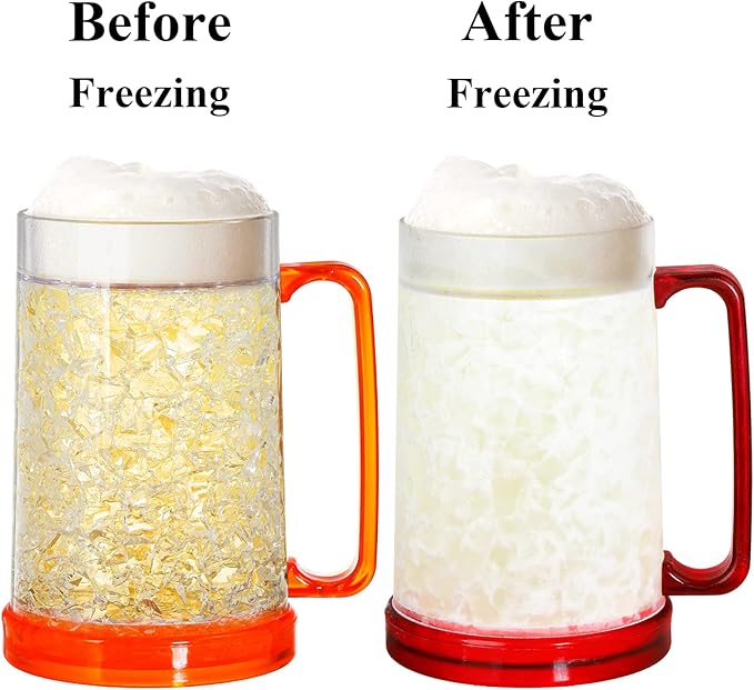 Fasmov Freezer Beer Mugs, 4 Pack Double Wall Gel Frosty Freezer Ice Mugs, Plastic Beer Mugs With Handles for Parties and Gifts, 16oz (Blue, Red, Orange and Green)