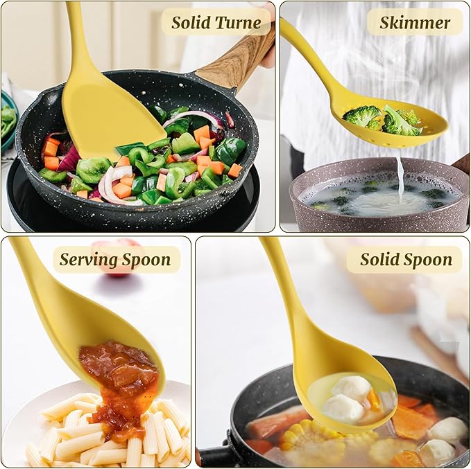 Cooking Utensils Set for Kitchen,7PCS Silicone Utensil Set with Rotating Storage Stand, Non Stick Utensil Tool and Gadget Set with Ergonomic Handles, Heat Resistant Kitchen Essentials (Yellow)