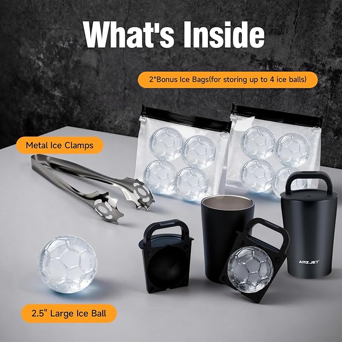 Clear Ice Cube Maker Premium Gift Set – Stainless Steel Whiskey Ice Ball Mold, 2.5” Soccer Ice Sphere with BPA-Free Silicone, Slow Melting Easy Release Ice for Bourbon & Cocktails,Gifts for Men Dad