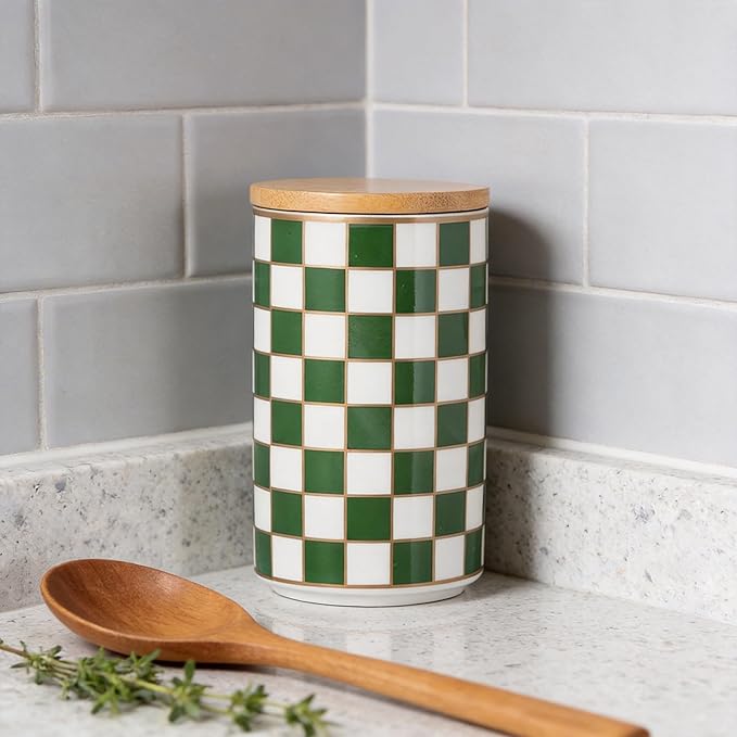 Kitchen Countertop Ceramic Checkered Canisters,Black And White Food Storage Containers With Lid,Airtight Kitchen Canisters for Flour, Sugar, Coffee, Tea, and Dry Goods (Green, Large)