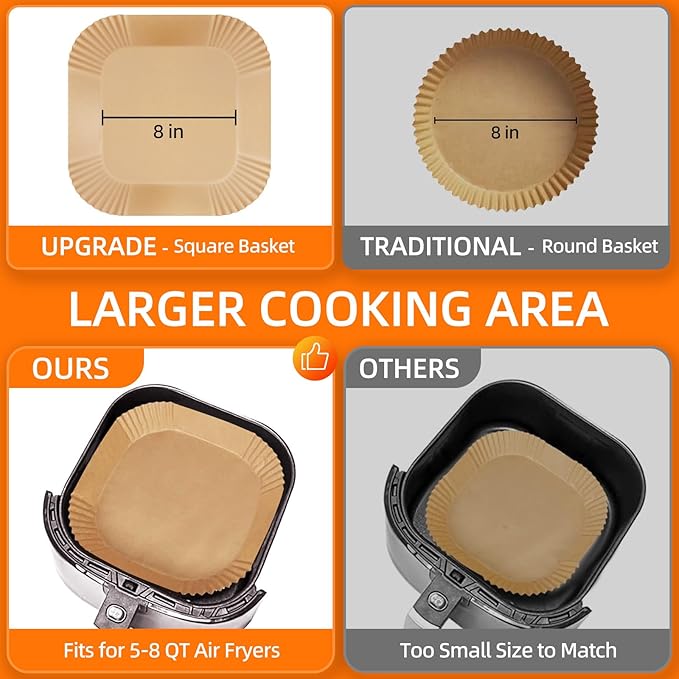 320 Pcs Air Fryer Liners Disposable: 8 Inch Square Air Fryer Liners, Large Paper Liners for 5-8 QT Air fryer, Non-stick Parchment Paper for Frying, Baking, Cooking (320pcs)