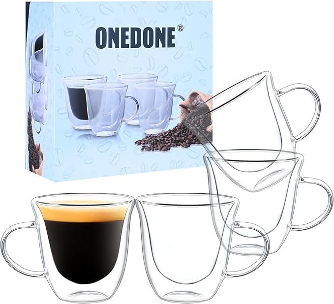 ONEDONE Small Espresso Cups Set of 4 - Double Walled Glass Espresso Shots Cup 2.8 OZ Thermo Insulated Glass Cups with Handle Clear Demitasse Cup for Expresso Machine