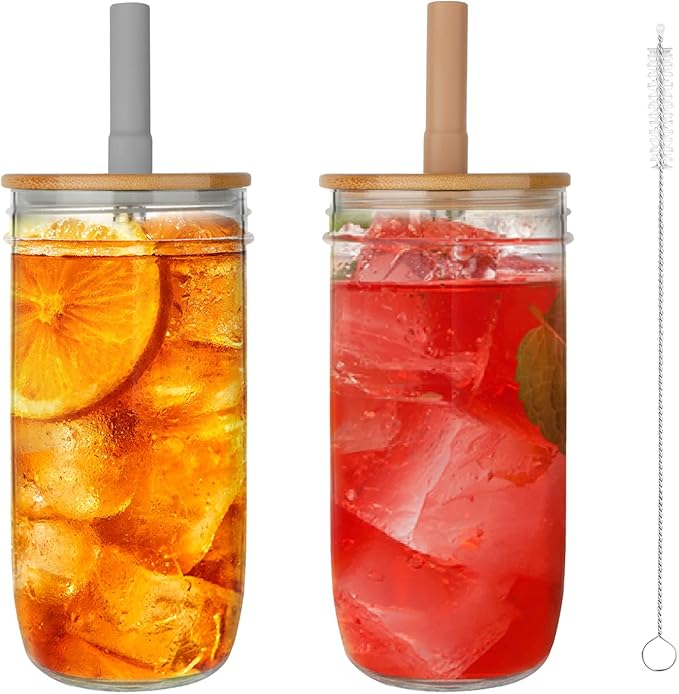 Glass Tumbler with Lids and Straws 2 Pack, 24oz Glass Drinking Jars with Lids and Straws,Reusable Wide Mouth Mason Jar Iced Coffee Cup,Smoothie Cup Coffee Travel Mug for Car/Home