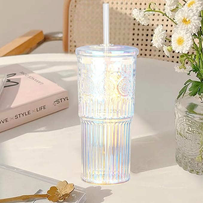 Bandesun All Glass Iced Coffee Cup With Lids and Straws，24 OZ Rainbow High Borosilicate Glass Tumbler for Water Smoothie Juice Drinks