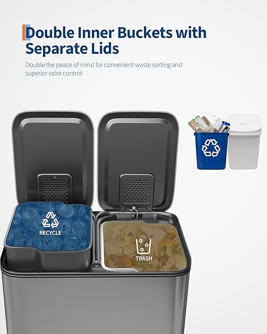 GarveeHome 2 x 4 gal Stainless Steel Double Trash Can with Lid for Kitchen, Large Dual Trash and Recycle Bin Combo, Step-on Kitchen Metal Garbage Cans, PP Inner Buckets, Liner Rim, Silver