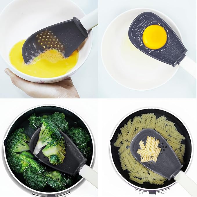 6 in 1 Multifunctional Food Strainer, 356°F Heat Resistant kitchen gadgets, Egg Separator, Cooking, Draining, Mashing, Grating, Cooking spoon Dark Grey