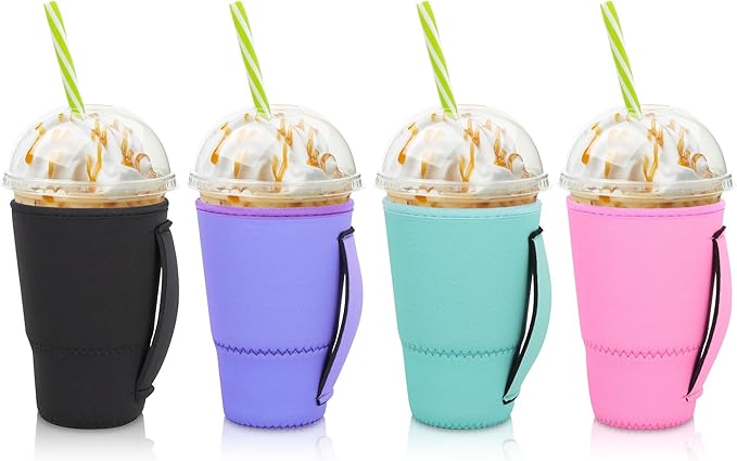 4Pack Reusable Iced Coffee Sleeve Insulator Sleeves for Cold Drinks Beverages, Neoprene Cup Holder for Most Coffee, Fits 30-32oz Large Cups (Solid Color with Handle)