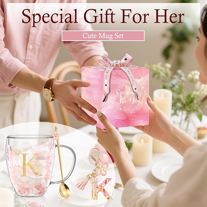 Personalized Gift for Women Double Wall Flower Glass Coffee Mug Tea cup With Spoon Monogrammed Customized Gifts Christmas Valentine Mother's Day Birthday Gifts for Mom Her Wife Friend Bride Sister(K)