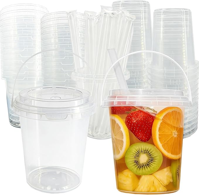 TTzycc 30 Sets 34 oz Drink Buckets with Lids and Straws, Reusable Clear Plastic Party Cups for Iced Coffee, Smoothies, Milkshakes, Sturdy & Durable Beverage Tubs for Lemonade, Pool and Beach Parties