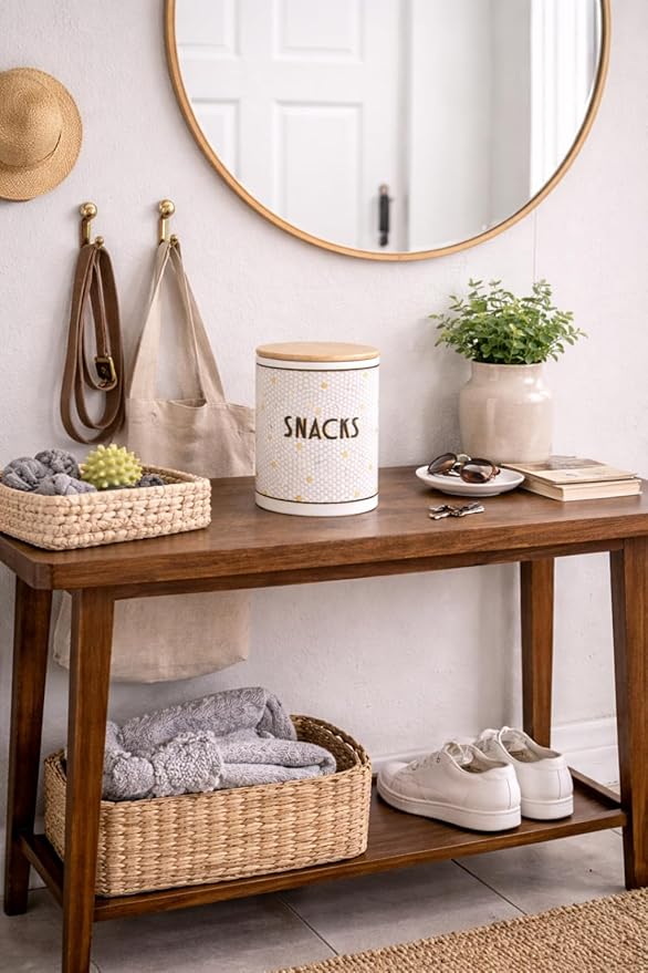 Pearhead Ceramic Dog Treat Jar with Wooden Lid – Bistro Tile Dog Biscuit Container for Countertop, Airtight Stoneware Pet Treat Storage Canister for Puppy Treats & Training Rewards