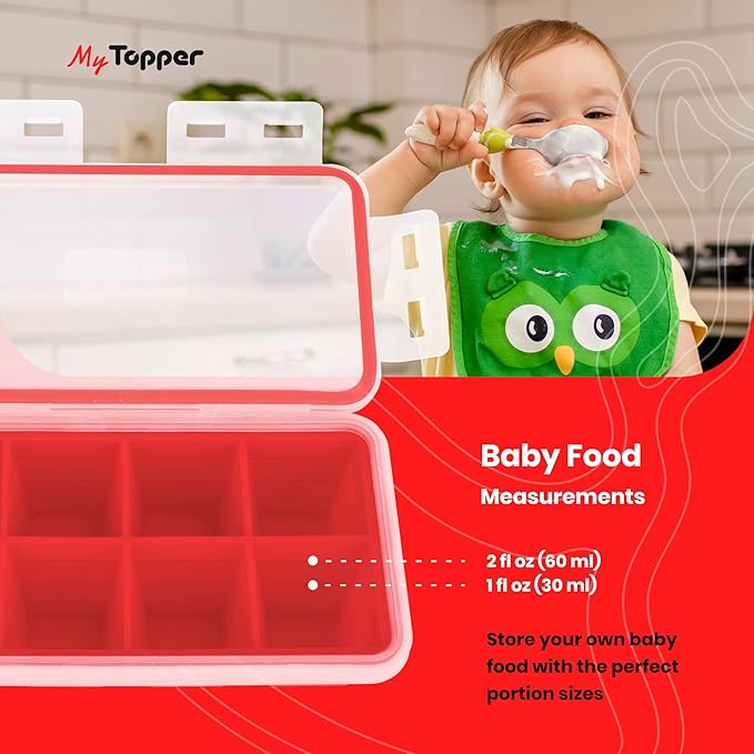 IceTopper XL Ice Cube Tray with Attached Lids - Easy Release Ice Cube Molds, 8 Large Cubes per Tray, Stackable, Microwave & Dishwasher Safe, 100% Food Grade Silicone, BPA Free & Recyclable (2 Pack)