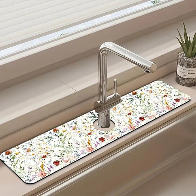 Sink Faucet Absorbing Mat Wildflower Sink Splash Guard Drying Mat for Kitchen Bathroom Faucet Sinkmat 23.5"X5.5"