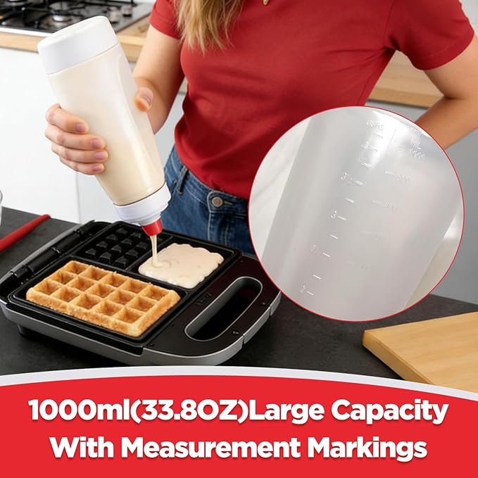 2-Pack Batter Dispenser with Whisk Ball, 1000ml Leak-Proof Squeeze Bottle with Stand for Pancakes, Waffles, Cupcakes & Crepes(PD-01)