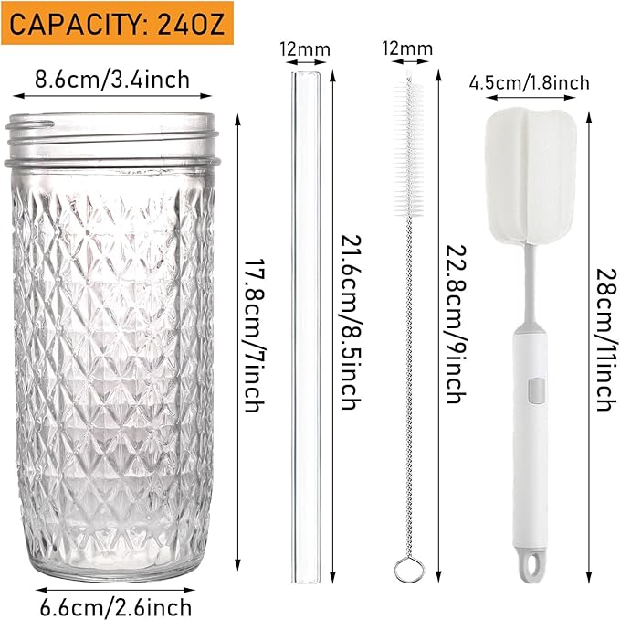 2 Pcs Glass Cups with Lids and Straws - 24oz Wide Mouth Mason Jar Drinking Glasses, Cute Reusable Smoothie cup, Iced Coffee Glasses, Travel Tumbler for Bubble Tea, Juice