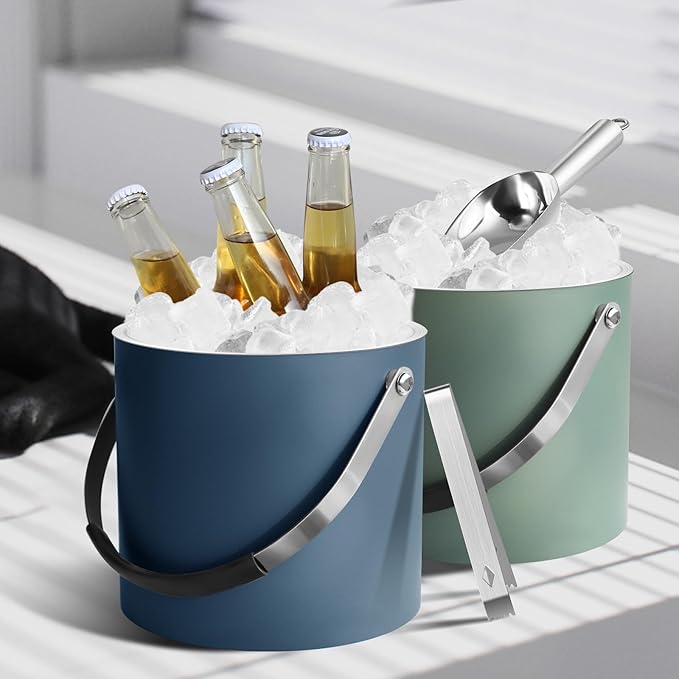 Bakpoco 3L Ice Bucket with Silicone Lid, Scoop, Tongs & Strainer, Stainless Steel Double Wall Insulated Ice Buckets for Parties & Cocktail Bar, Outdoor Champagne Ice Container Bin, Navy